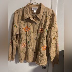 Susan Graver Tan Embroidered Floral Cotton Jacket Boho Raw Hem M